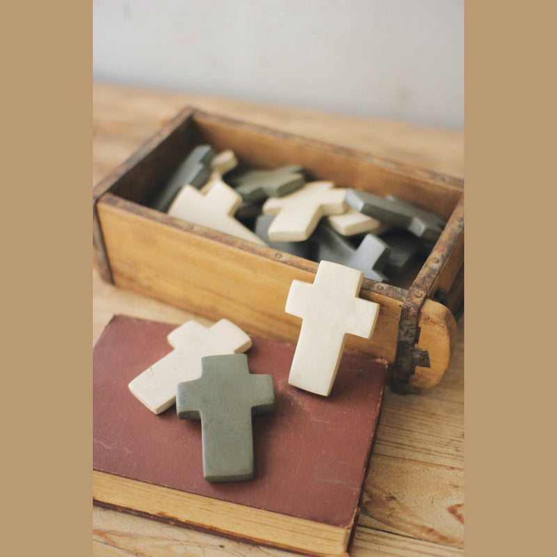 Kalalou - A6051 - Set Of Six Hand Carved Stone Crosses - White