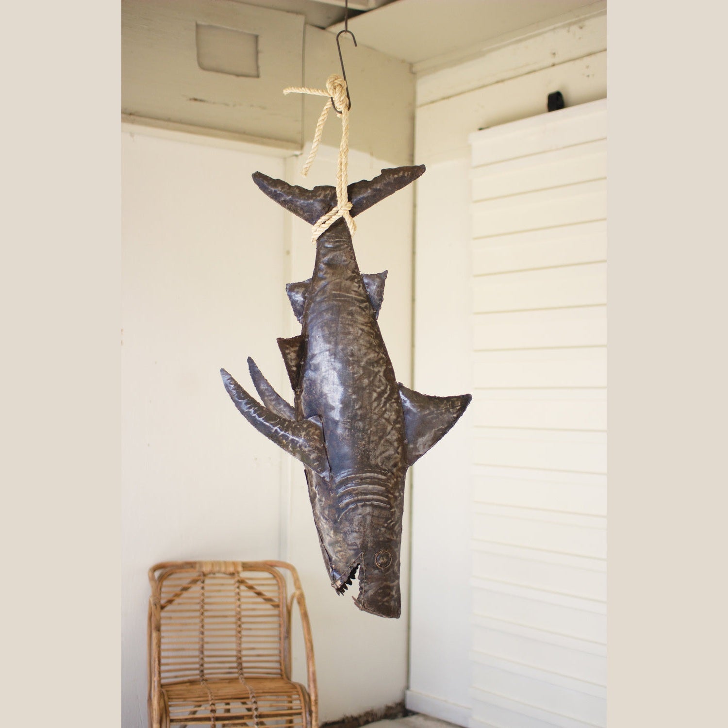 Kalalou - A6147 - Recycled Hand Hamme 3 Dimensional Shark With Sisal Rope - Brown