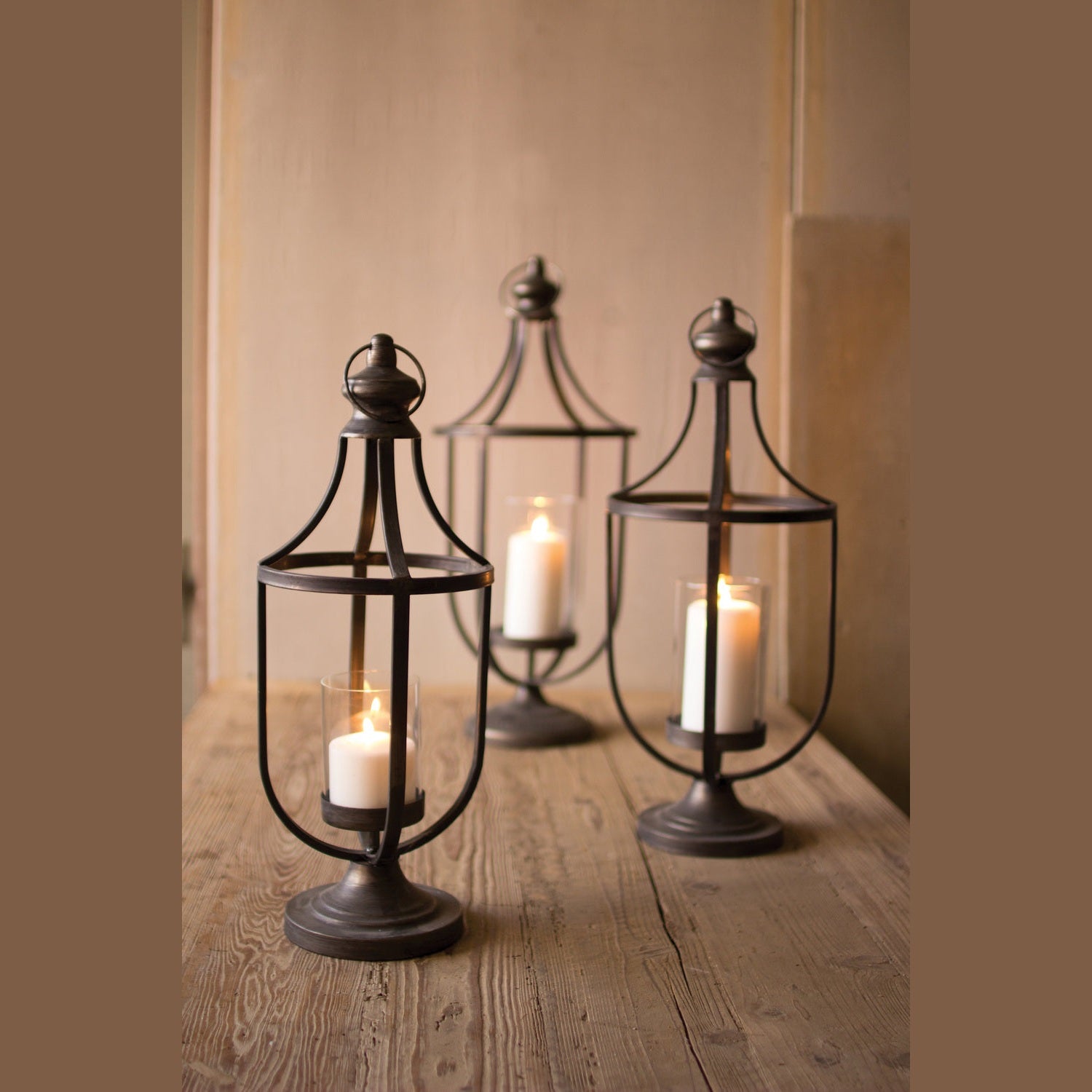 Kalalou - CBB1007 - Set Of Three Lanterns With Glass Insert - Black
