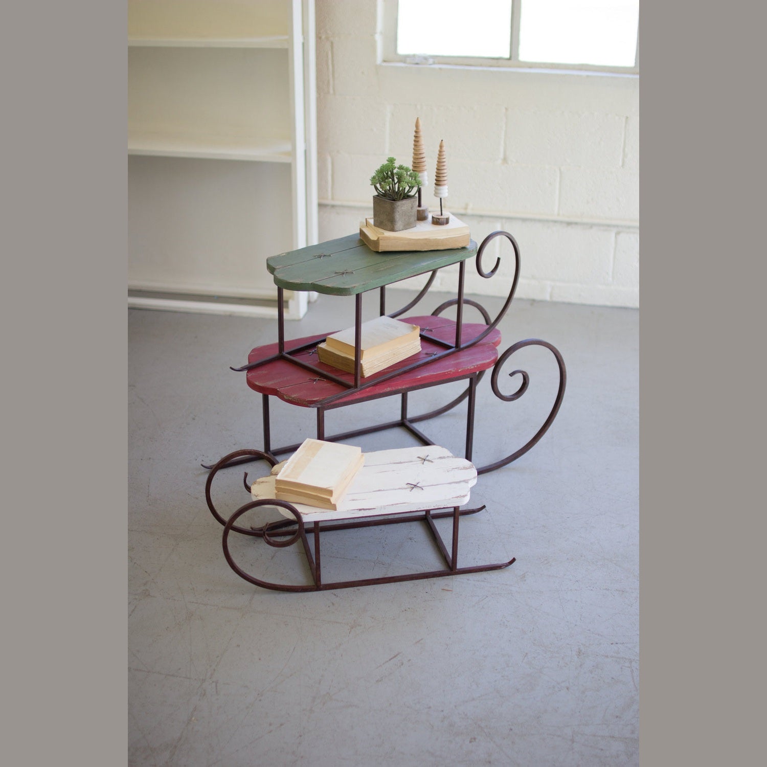 Kalalou - CMN1322 - Set Of Three Painted Wood And Sleighs - Multi