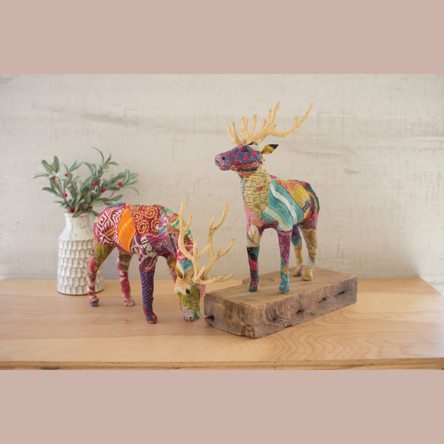 Kalalou - NFAC1010 - Set Of Two Kantha Cove Table Top Reindeer - Multi