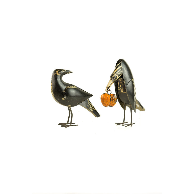 Kalalou - NTM1285 - Set Of Two Recycled Crows Holding A Pumpkin - Black
