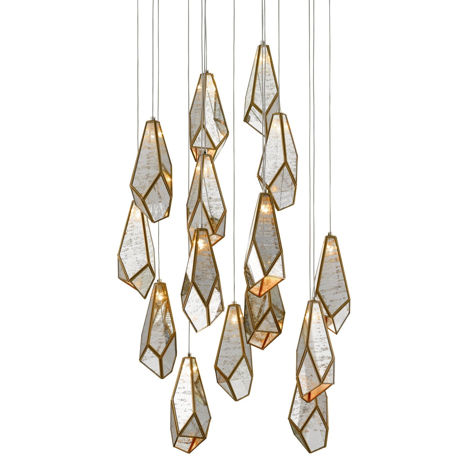 Currey and Company - 9000-0705 - 15 Light Pendant - Glace Collection - Raj Mirror/Antique Brass