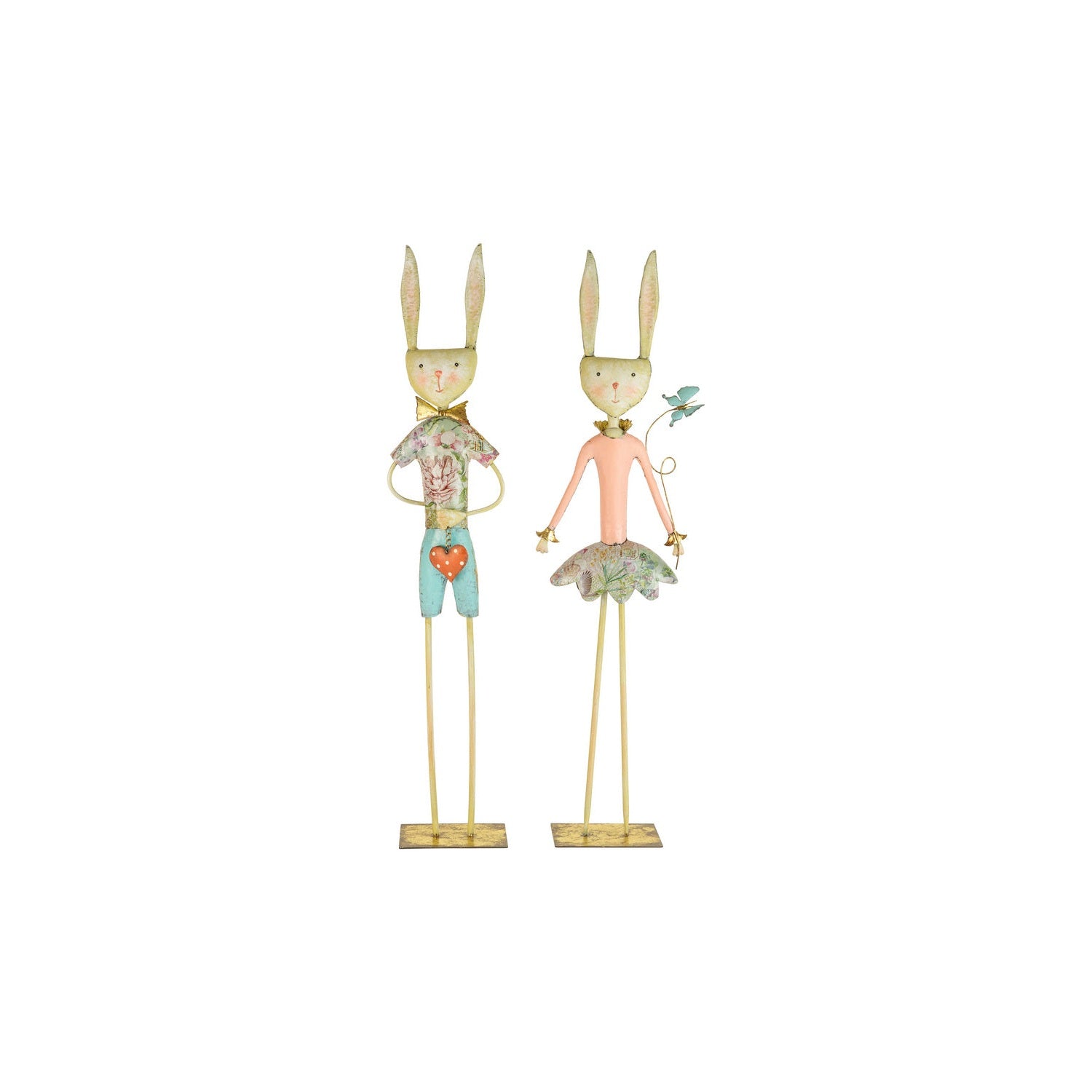 Kalalou - CHE1377 - Set Of Two Painted Metal Long Leg Boy And Girl Rabbits - Multi