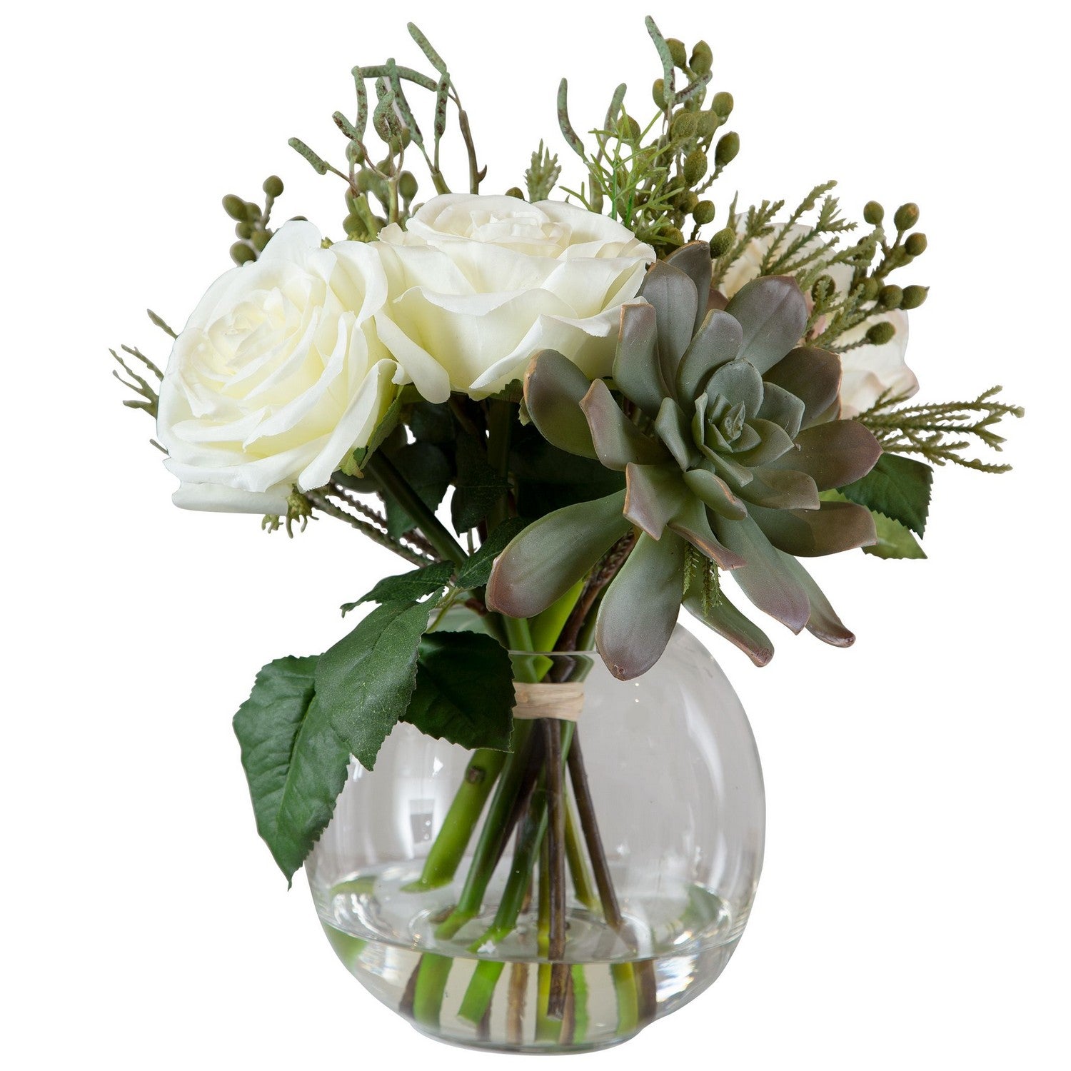 Uttermost - 60182 - Floral Bouquet & Vase - Belmonte - Berries, Greenery, Seed Pods, Succulents And Cream Roses In A Clear