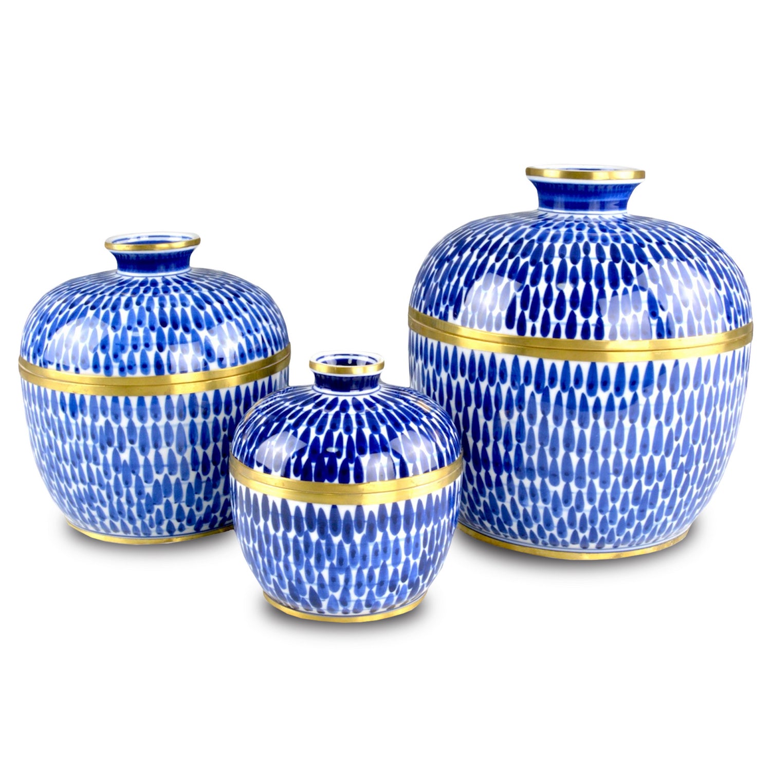Currey and Company - 1200-0661 - Jar Set of 3 - Plavan Jar Set of 3 - Blue/White/Brass