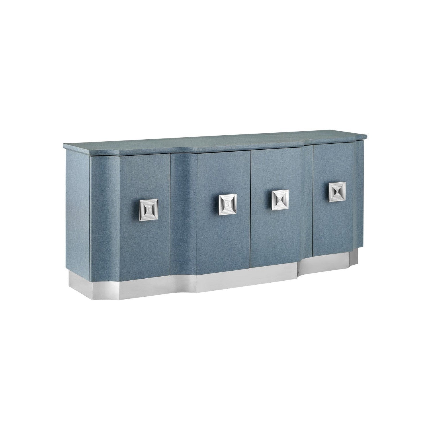 Currey and Company - 3000-0281 - Credenza - Maya Collection - Lacquered Blue Linen/Washed Mahogany/Polished Stainless Steel