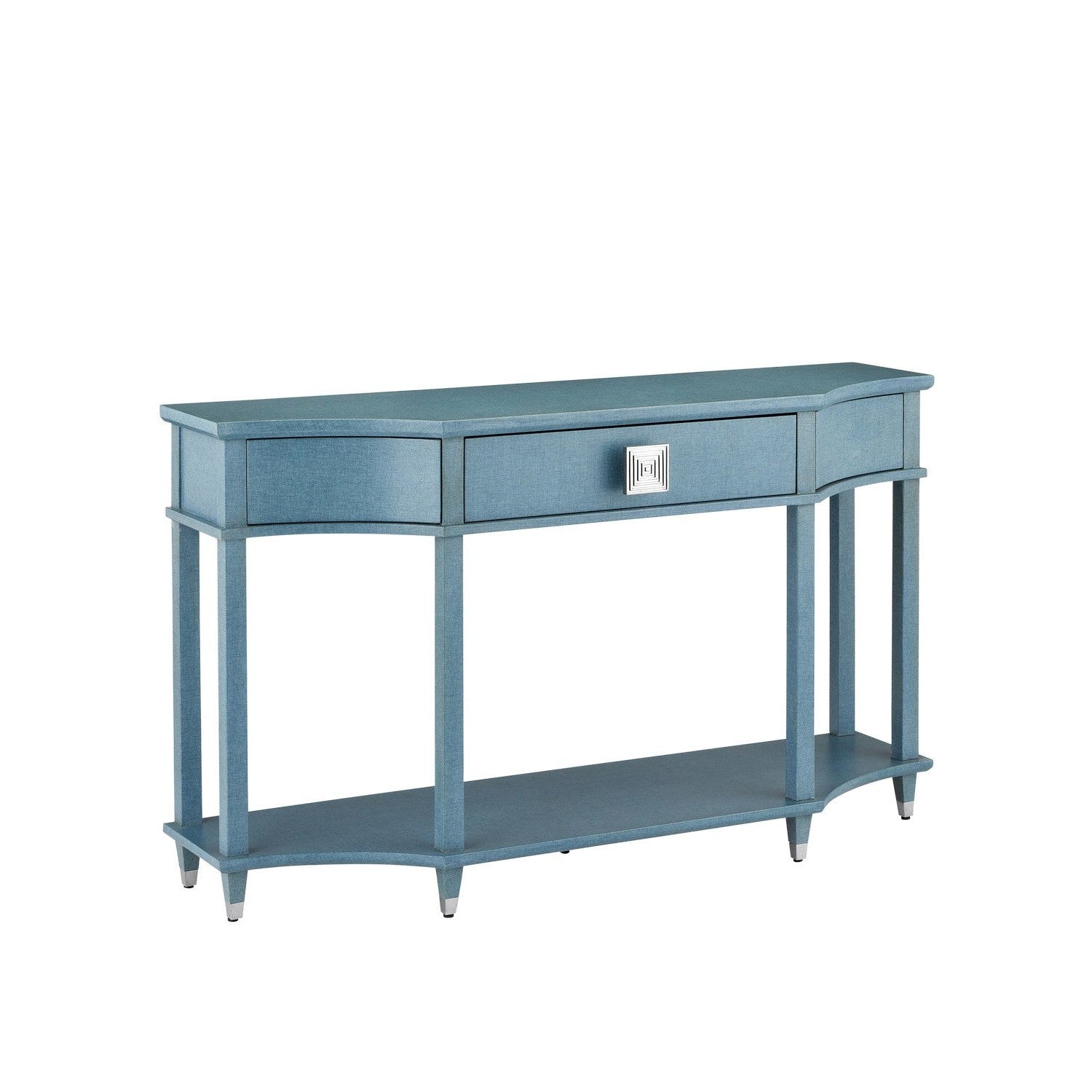 Currey and Company - 3000-0283 - Console Table - Maya Collection - Lacquered Blue Linen/Washed Mahogany/Polished Stainless Steel