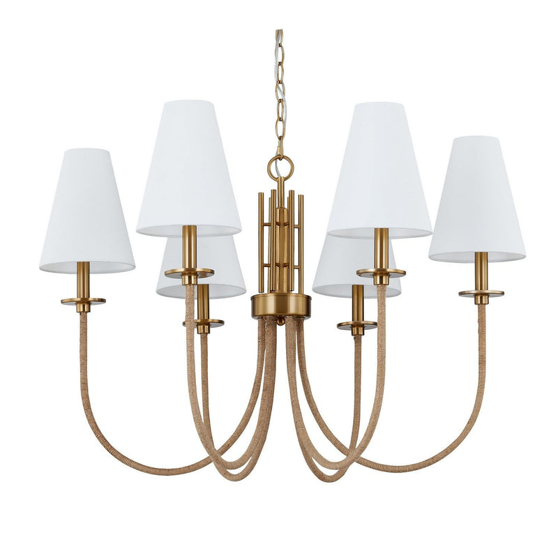 Forty West - 75001 - Six Light Chandelier - Juliet - Antique Gold and Natural Rattan