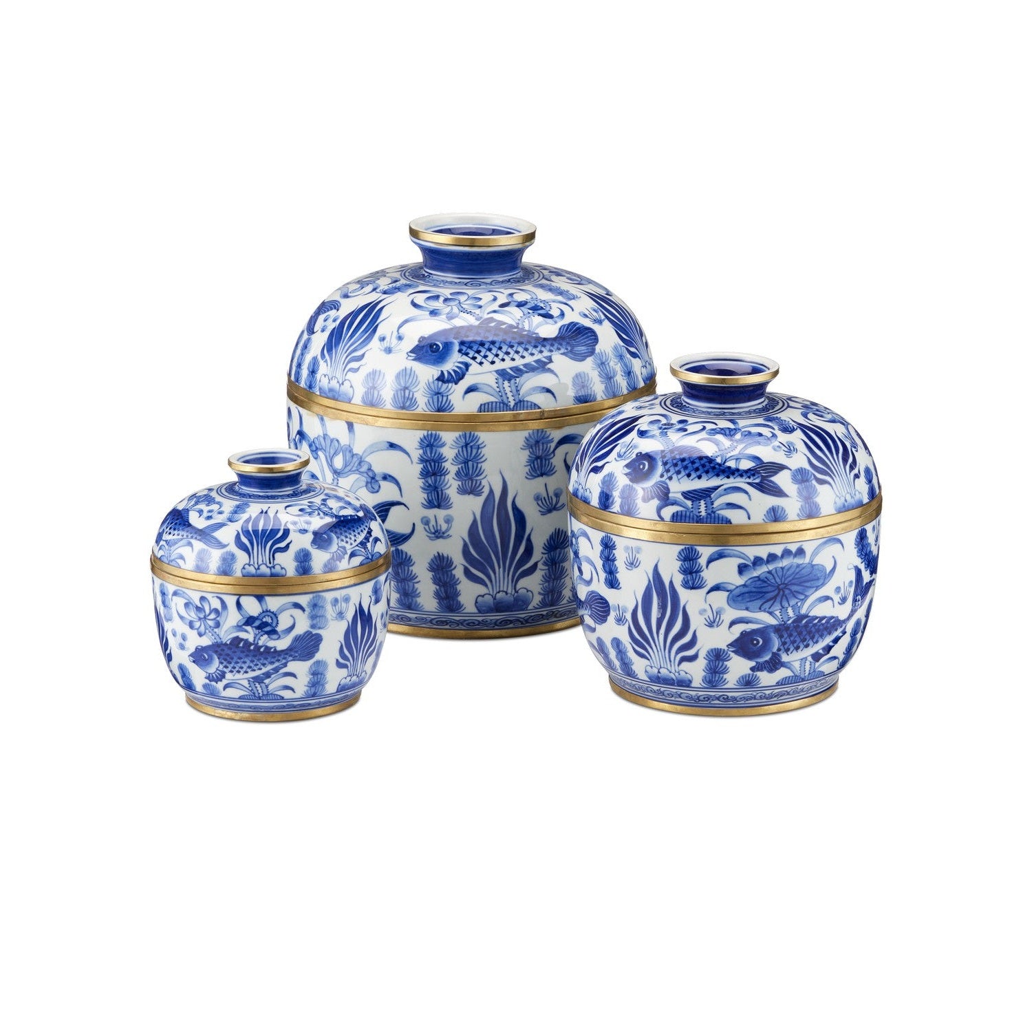 Currey and Company - 1200-0969 - Rice Tureen Set of 3 - Blue & White Rice Tureen Set of 3 - White / Blue / Brass