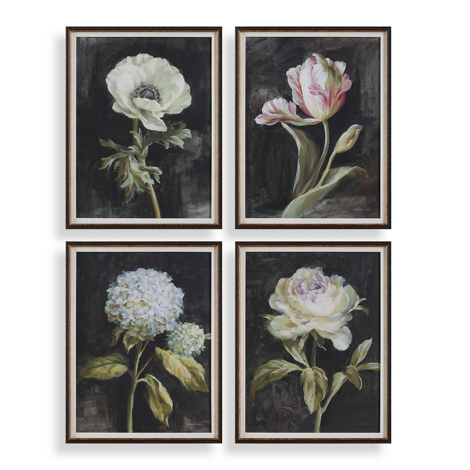 Uttermost - 32426 - Framed Prints, Set/4 - Florals On Black - Dark Brown