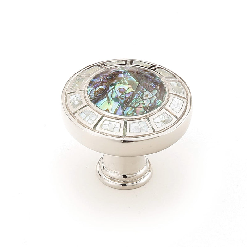 Schaub and Company - 655-PN - Fair Isle 1-1/2" Luxury Coastal Round Solid Brass Cabinet Knob with Mother of Pearl and Imperial Shell Inlays in Polished Nickel