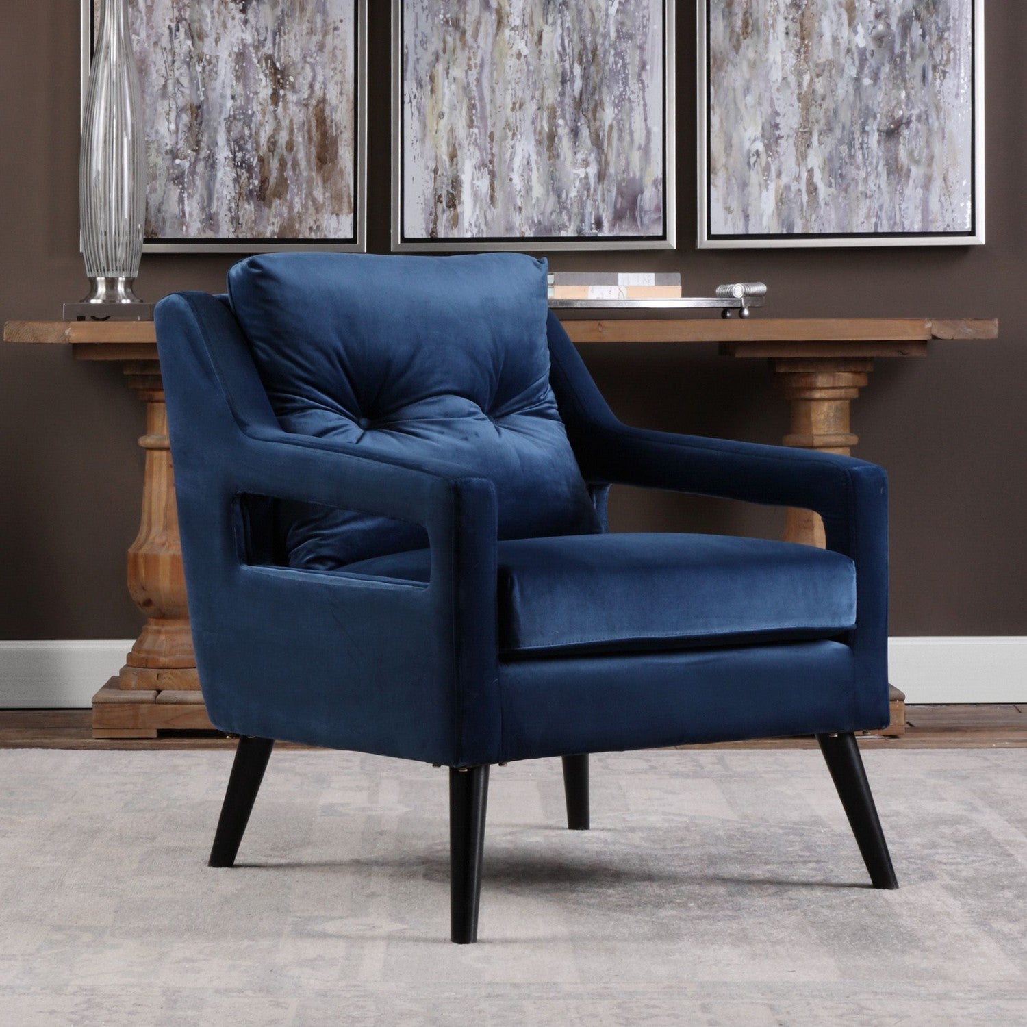 Uttermost - 23318 - Arm Chair - O'Brien - Blue Polyester Velvet/Antique Black