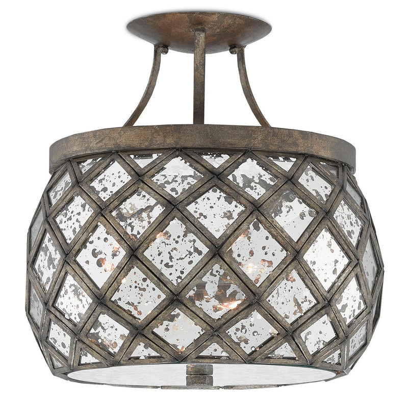 Currey and Company - 9999-0029 - Three Light Semi-Flush Mount - Buckminster Collection - Pyrite Bronze/Raj Mirror