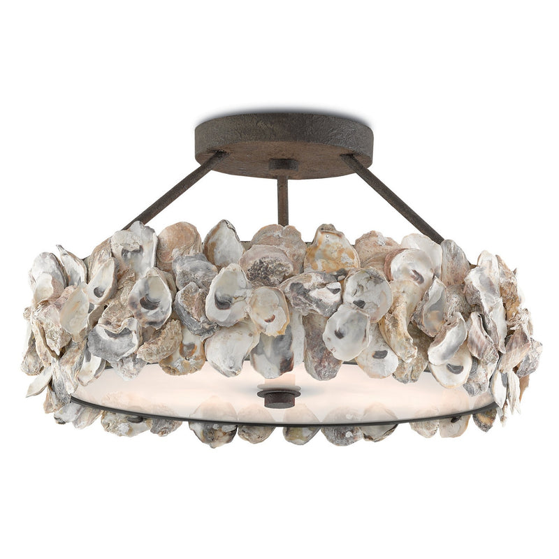 Currey and Company - 9000-0265 - Three Light Semi-Flush Mount - Oyster Shell Collection - Textured Bronze/Natural