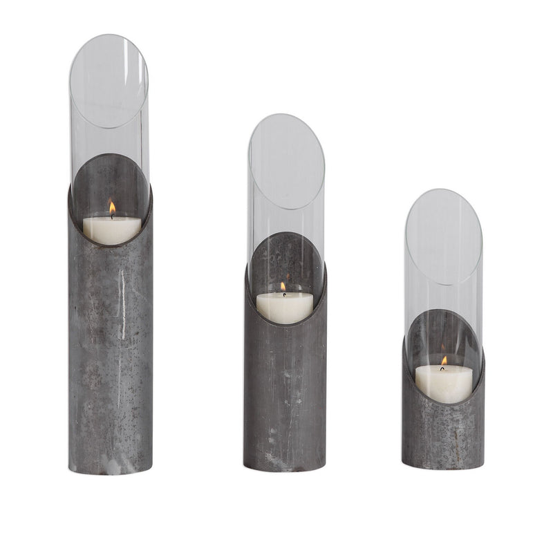 Uttermost - 17518 - Candleholders, Set/3 - Karter - Angular Design In Raw Iron And Clear Glass