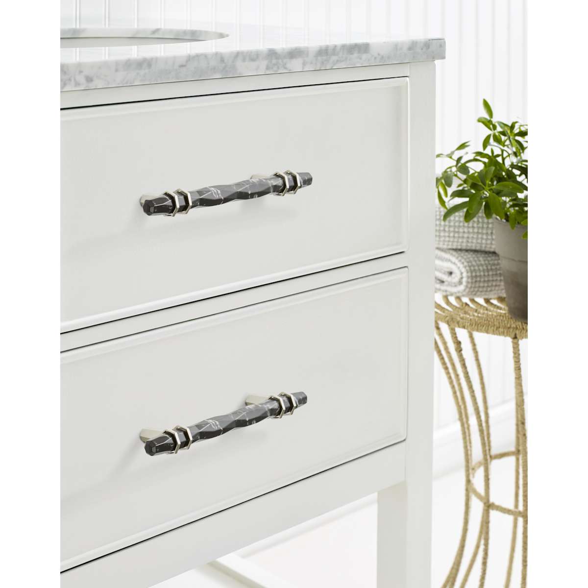 Amerock - BP36649MWBBZ - Carrione 5-1/16 Inch Center to Center Designer Cabinet Pull in Marble White / Golden Champagne