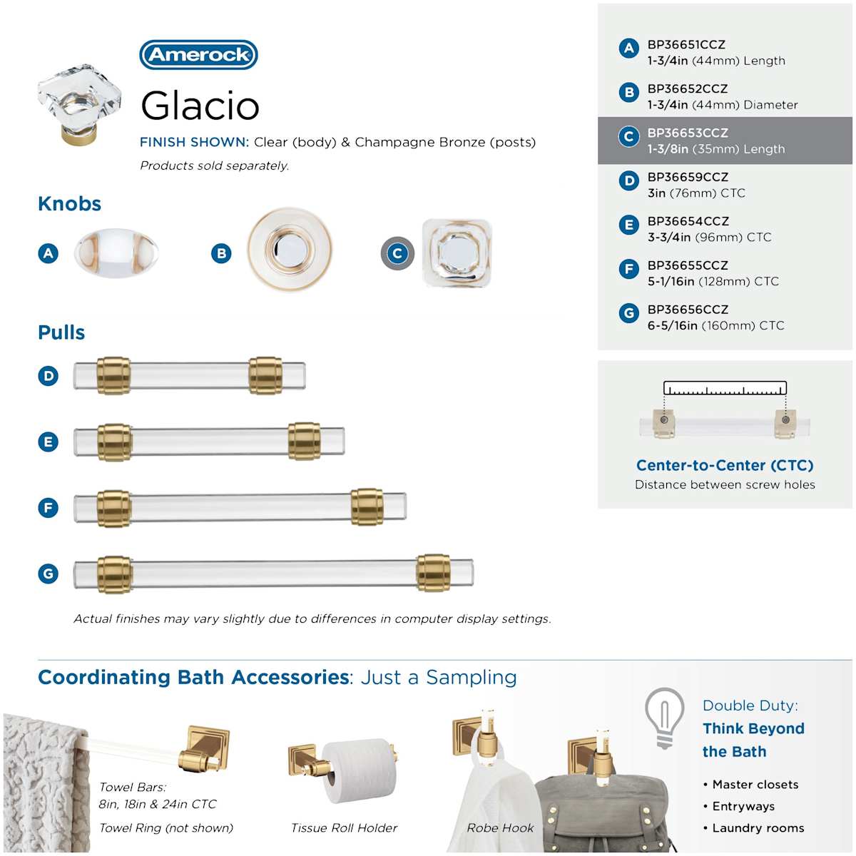 Amerock - BP36653CG10 - Glacio 1-3/8 Inch Square Cabinet Knob in Crystal / Satin Nickel
