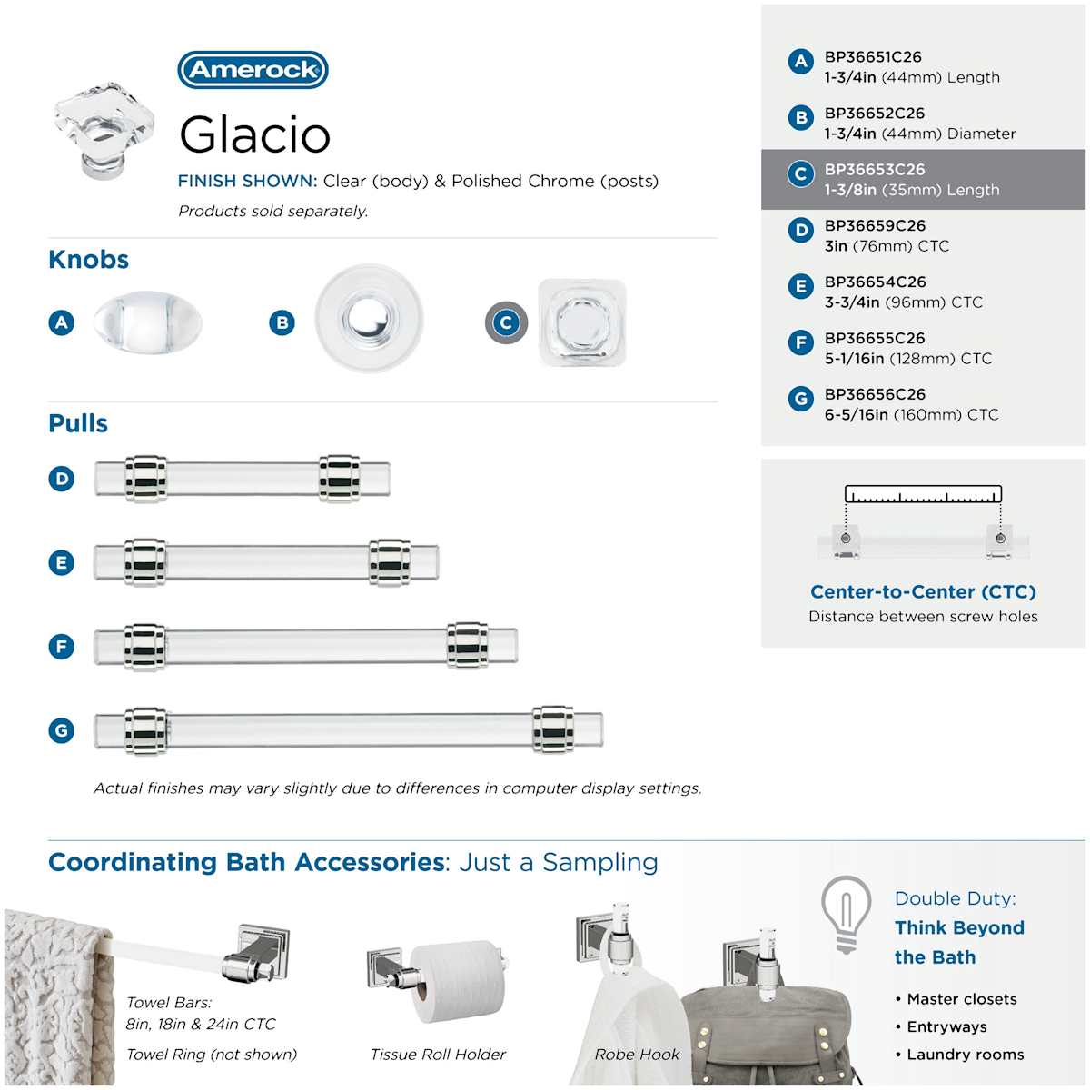 Amerock - BP36653CG10 - Glacio 1-3/8 Inch Square Cabinet Knob in Crystal / Satin Nickel