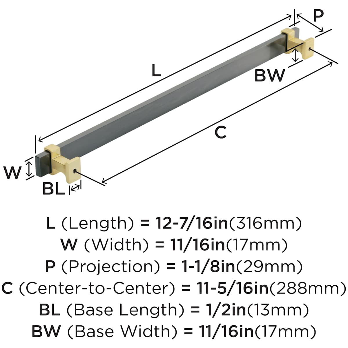 Amerock - BP36685BMBBGL - Overton 11-5/16 Inch Center to Center Bar Cabinet Pull in Brushed Matte Black / Brushed Gold