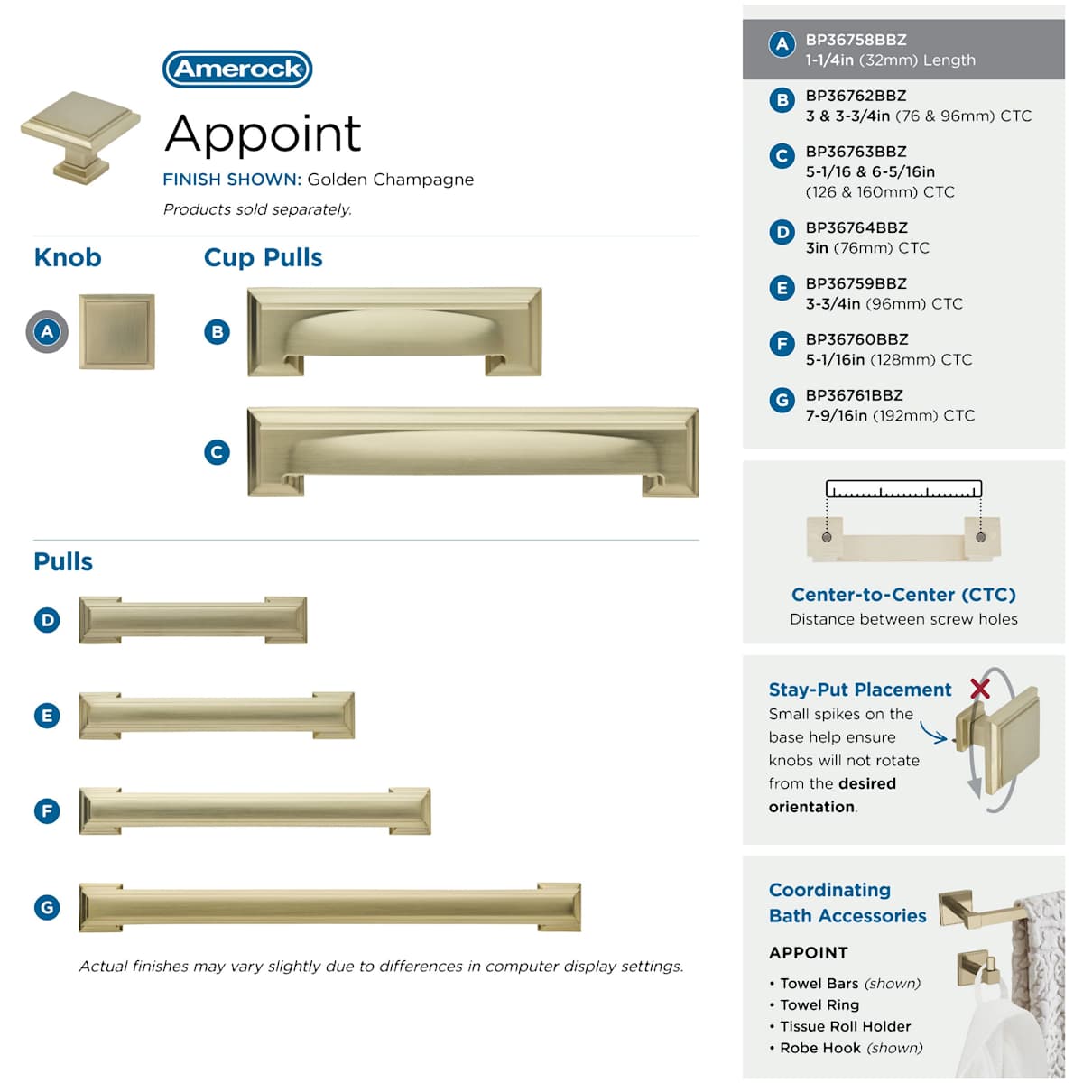 Amerock - BP36758BBZ - Appoint 1-1/4 Inch Square Cabinet Knob in Golden Champagne