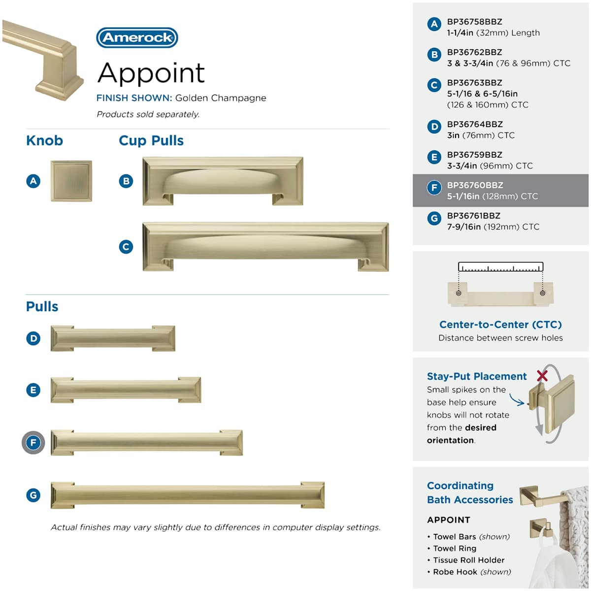 Amerock - BP36760BBZ - Appoint 5-1/16 Inch Center to Center Handle Cabinet Pull in Golden Champagne