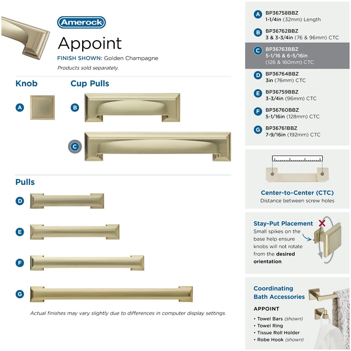 Amerock - BP36763BBZ - Appoint 5-1/16 and 6-5/16 Inch Dual Center to Center Cup Cabinet Pull in Golden Champagne