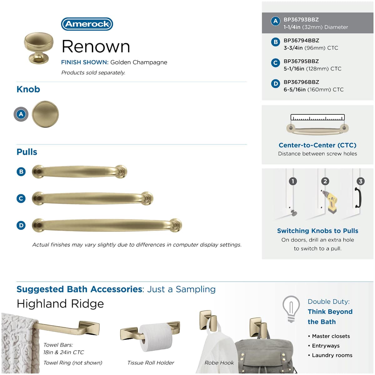 Amerock - BP36793BBZ - Renown 1-1/4 Inch Mushroom Cabinet Knob in Golden Champagne