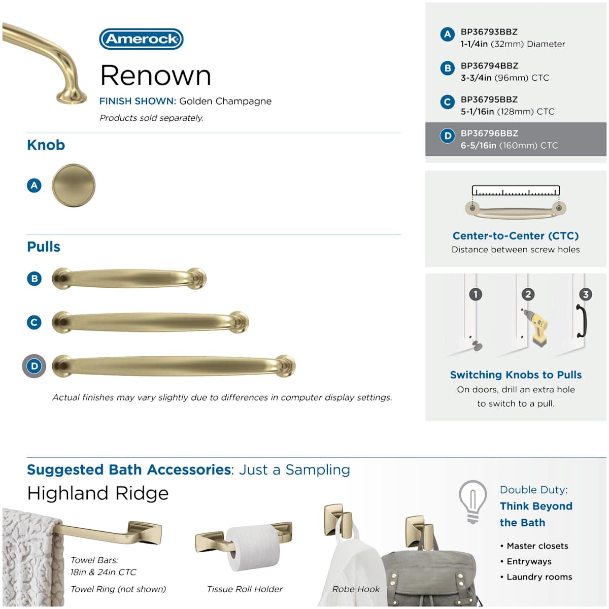 Amerock - BP36796BBZ - Renown 6-5/16 Inch Center to Center Handle Cabinet Pull in Golden Champagne