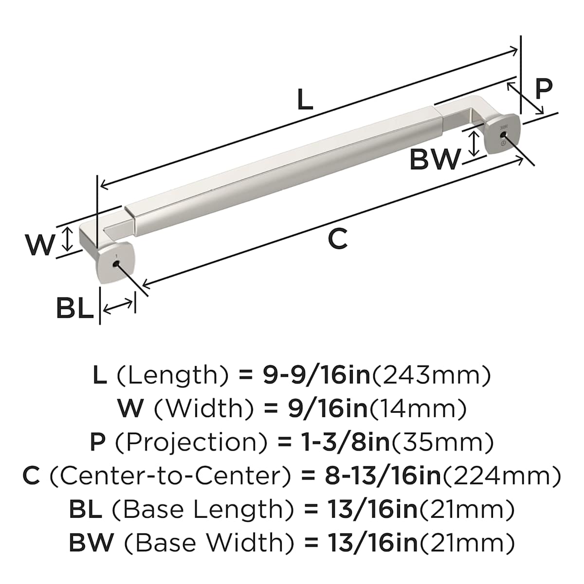 Amerock - BP36890PN - Stature 8-13/16 Inch Center to Center Handle Cabinet Pull in Polished Nickel