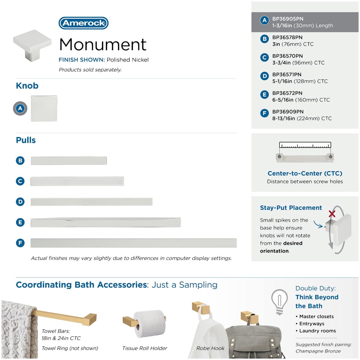 Amerock - BP36905PN - Monument 1-3/16 Inch Square Cabinet Knob in Polished Nickel