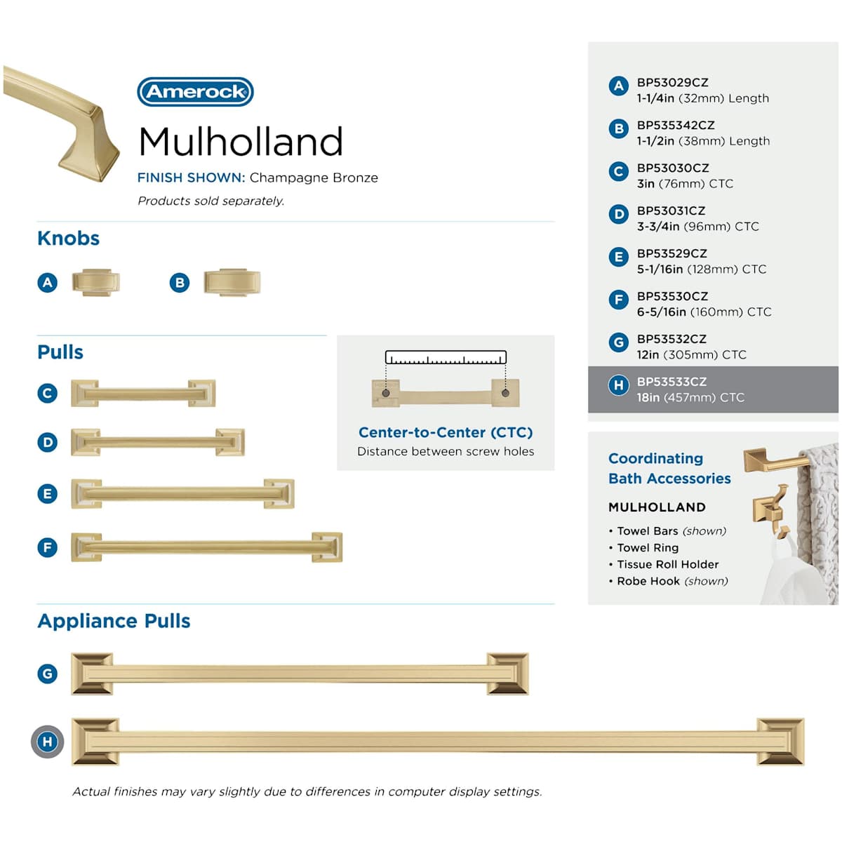 Amerock - BP53533BBZ - Mulholland 18 Inch Center to Center Appliance Pull in Golden Champagne