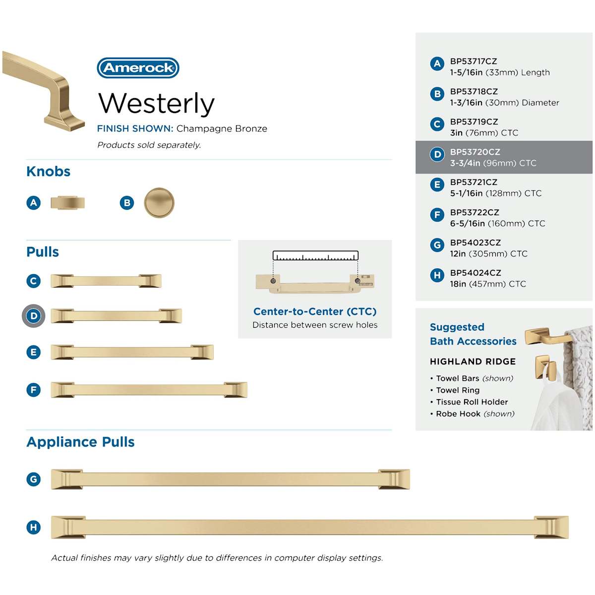Amerock - BP53720BBZ - Westerly 3-3/4 Inch Center to Center Handle Cabinet Pull in Golden Champagne
