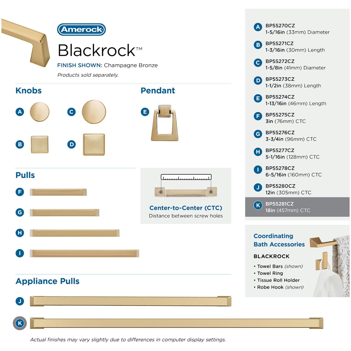 Amerock - BP55281BBZ - Blackrock 18 Inch Center to Center Handle Cabinet Pull in Golden Champagne