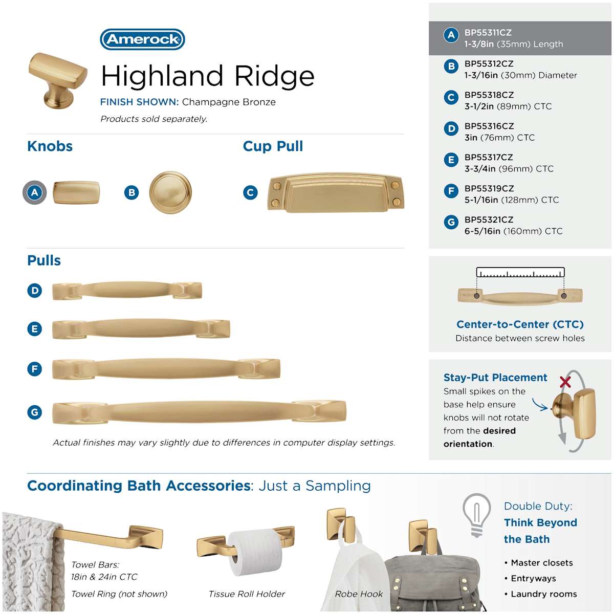 Amerock - BP55311BBZ - Highland Ridge 11/16 Inch Bar Cabinet Knob in Golden Champagne