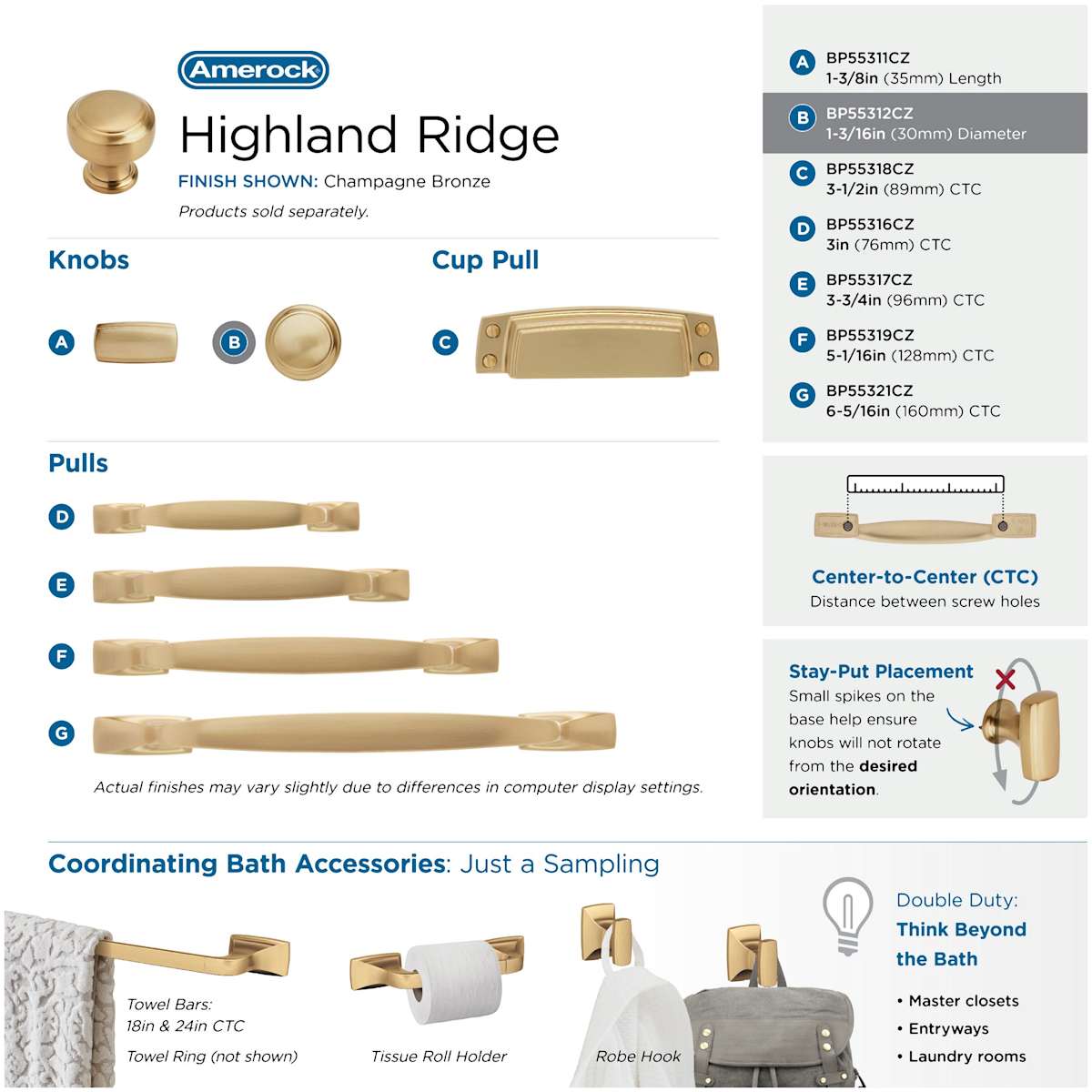 Amerock - BP55312CZ - Highland Ridge 1-3/16 Inch Mushroom Cabinet Knob in Champagne Bronze
