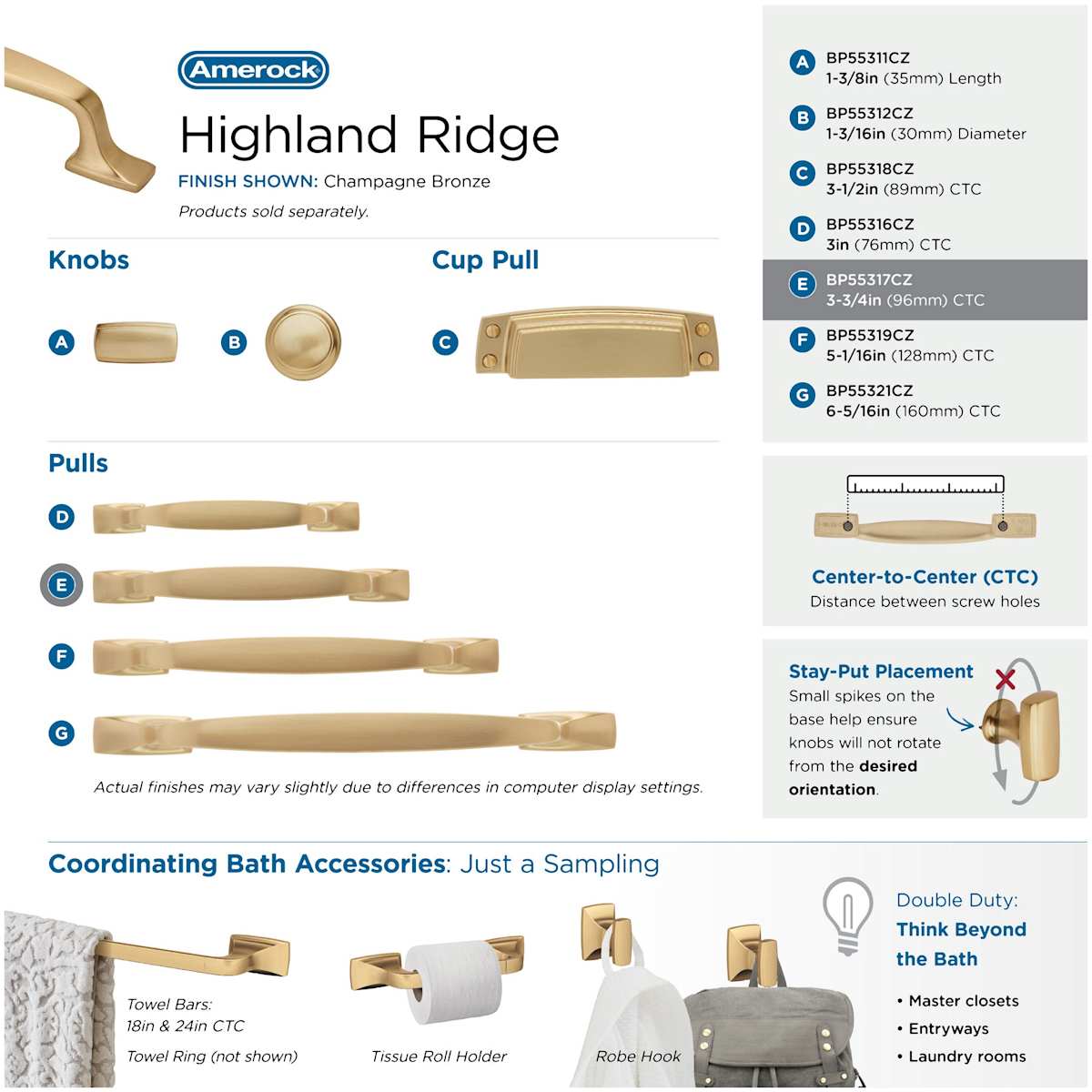 Amerock - BP55317BBZ - Highland Ridge 3-3/4 Inch Center to Center Handle Cabinet Pull in Golden Champagne