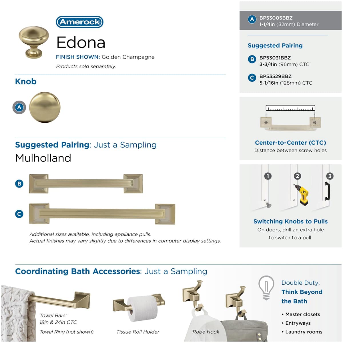 Amerock - Ravello-36-HW-BBZ - Edona (4) 1-1/4 Inch Mushroom Cabinet Knob - 4 Pack in Golden Champagne