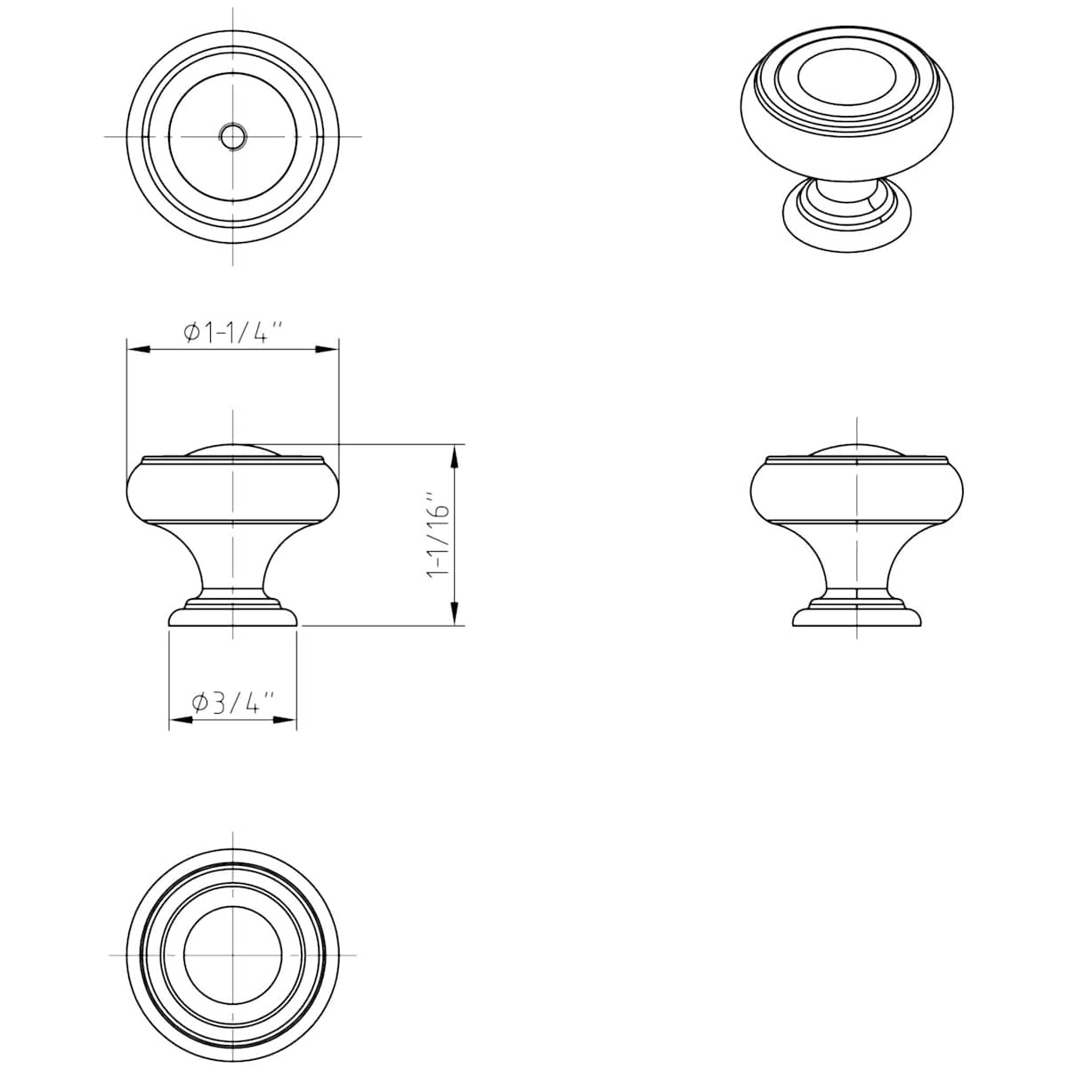Jeffrey Alexander - 117PC - Bremen I - 1-1/4" Round Traditional Ring Mushroom Cabinet Knob / Drawer Knob with Stacked Foot in Polished Chrome