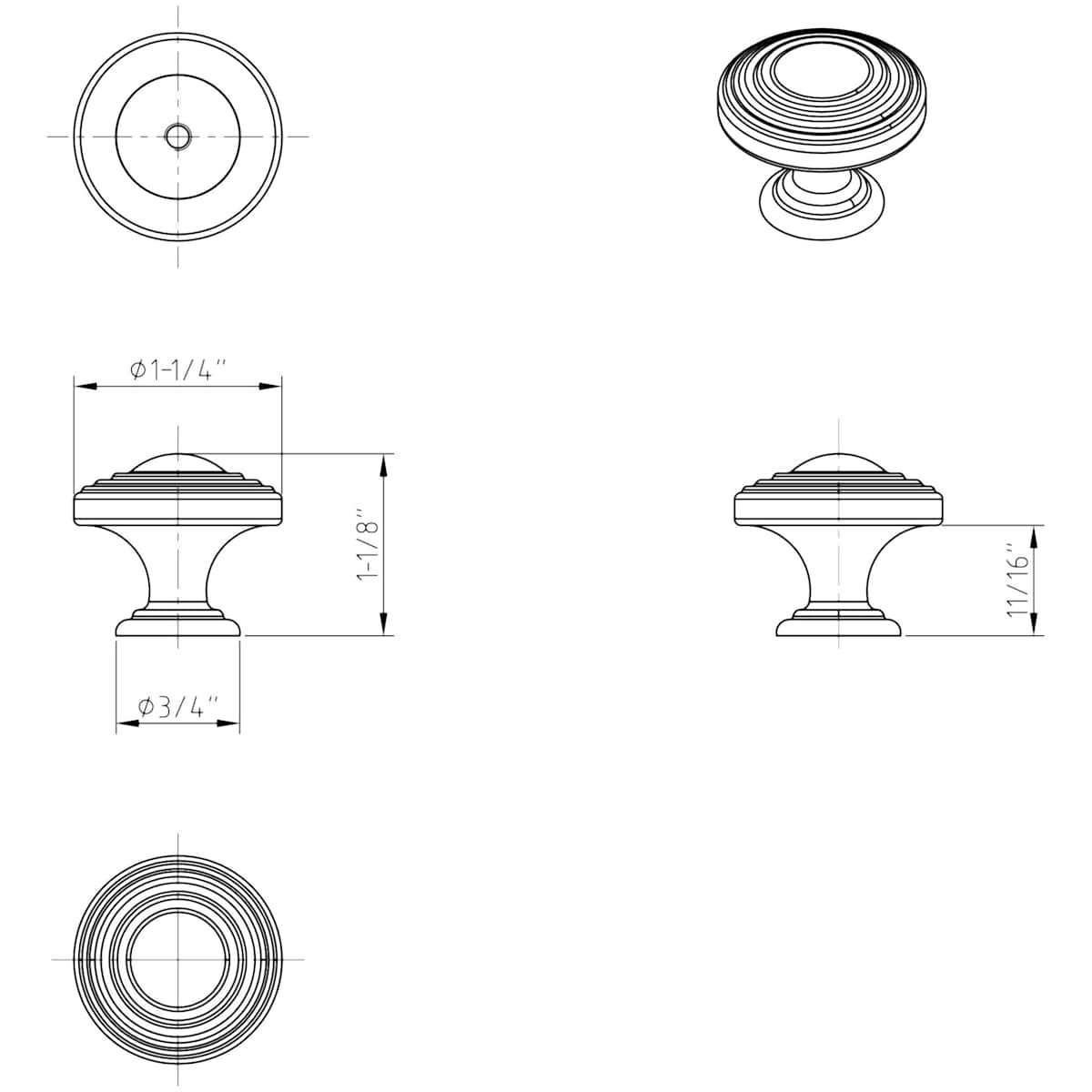 Jeffrey Alexander - 137SN - Bremen 2 - 1-1/4" Round Stacked Ring Mushroom Cabinet Knob / Drawer Knob in Satin Nickel