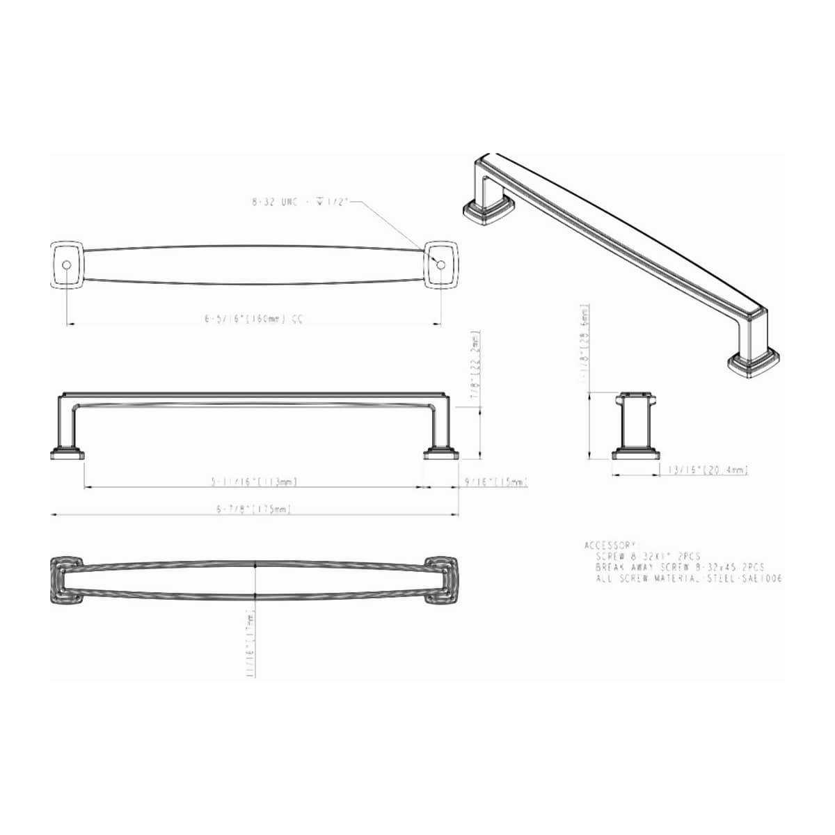 Jeffrey Alexander - 171-160PC - Richard 6-5/16" (160mm) Center to Center Contemporary Grip Cabinet Handle / Drawer Pull in Polished Chrome
