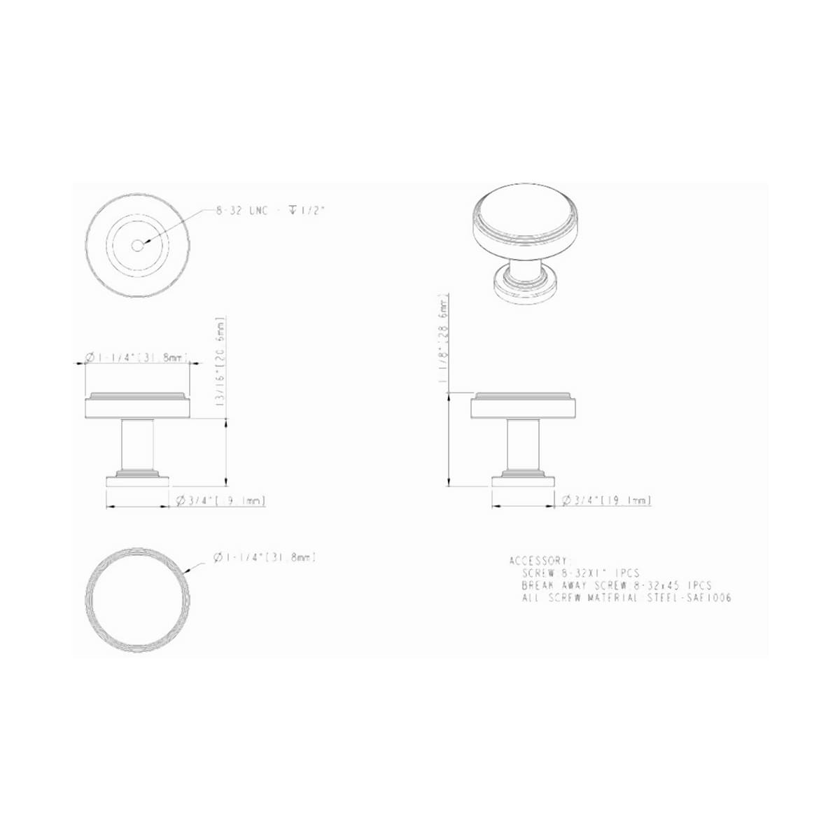 Jeffrey Alexander - 171BNBDL - Richard 1-1/4" Small Flat Round Contemporary Cabinet Knob / Drawer Knob in Brushed Pewter