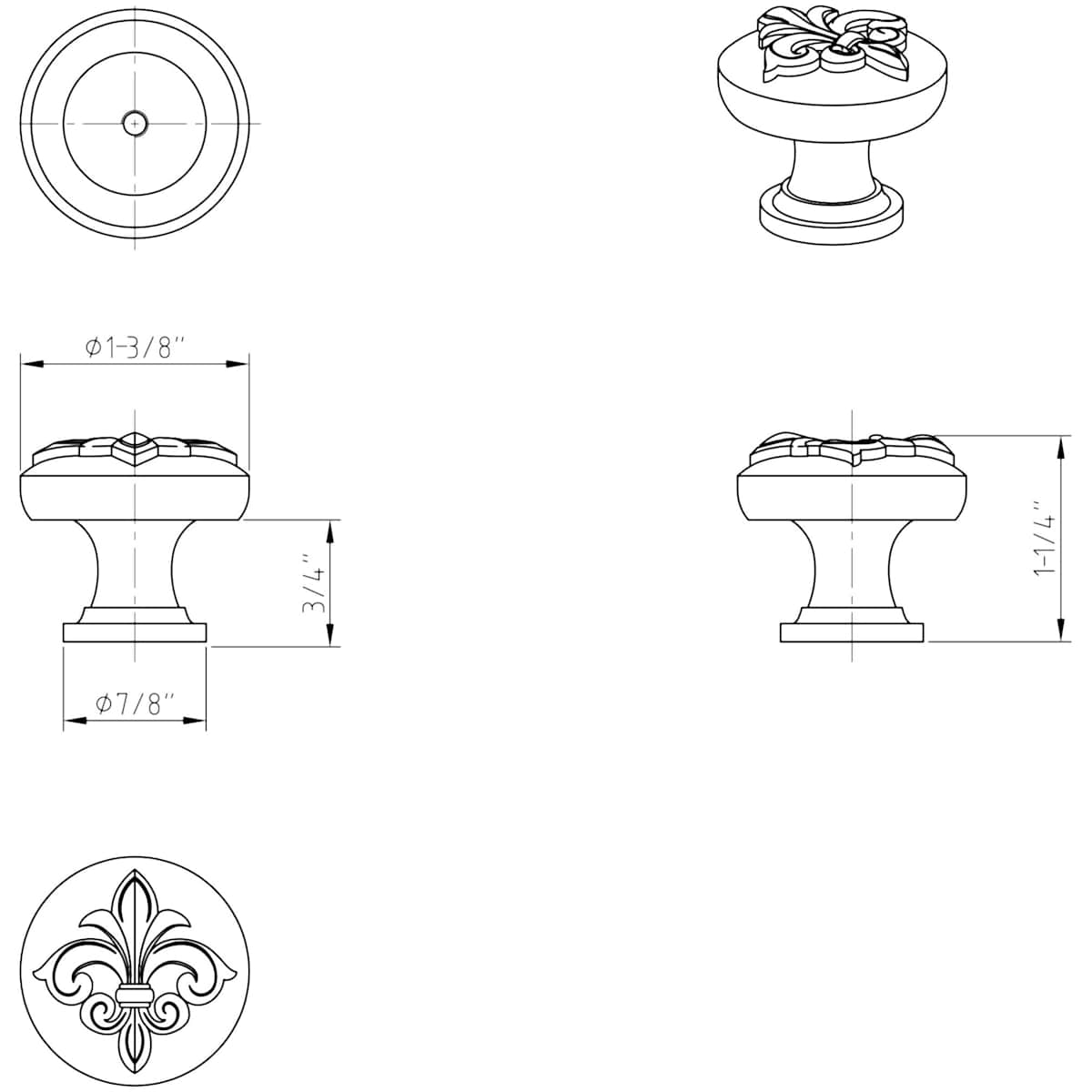 Jeffrey Alexander - 218SN - Lafayette 1-3/8" Fleur de Lis Lily French Inspired Round Cabinet Knob / Drawer Knob in Satin Nickel