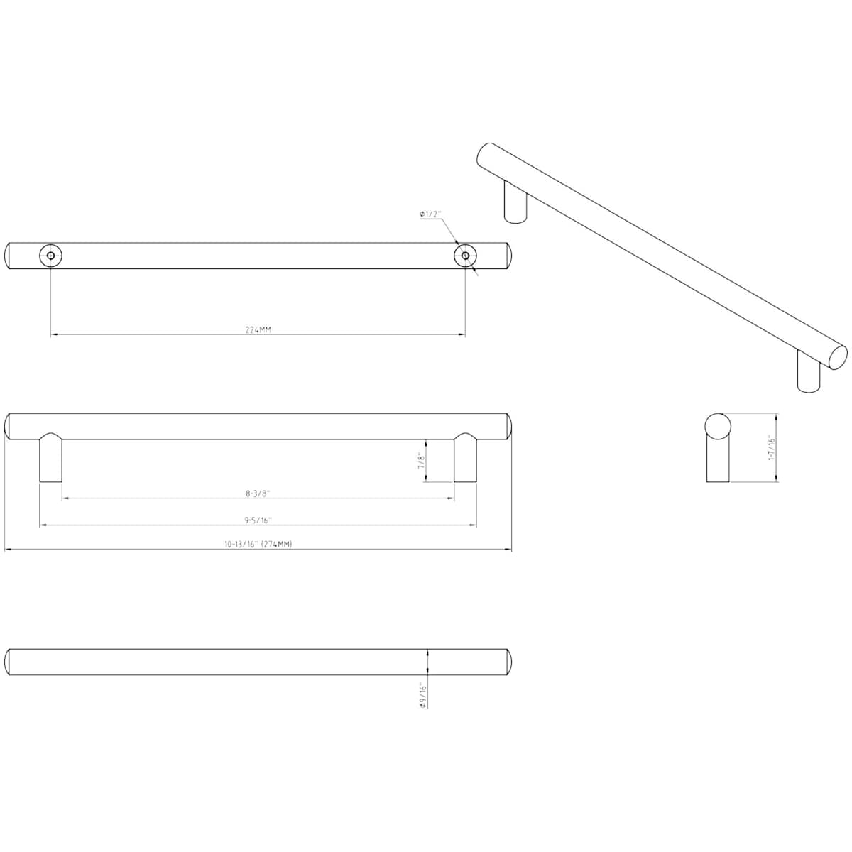 Jeffrey Alexander - 274SBZ - Key West 8-13/16" Center to Center Smooth Round Bar Cabinet Handle / Drawer Bar Pull in Satin Bronze