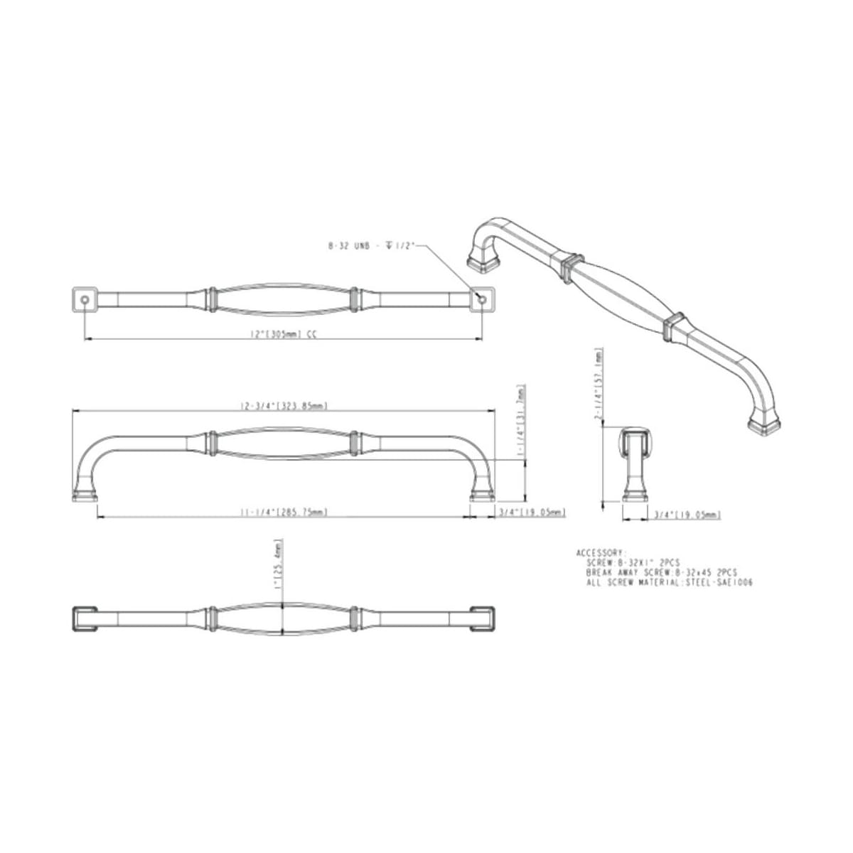 Jeffrey Alexander - 278-12PC - Audrey 12" Center to Center Elegant Traditional Appliance Pull / Handle in Polished Chrome