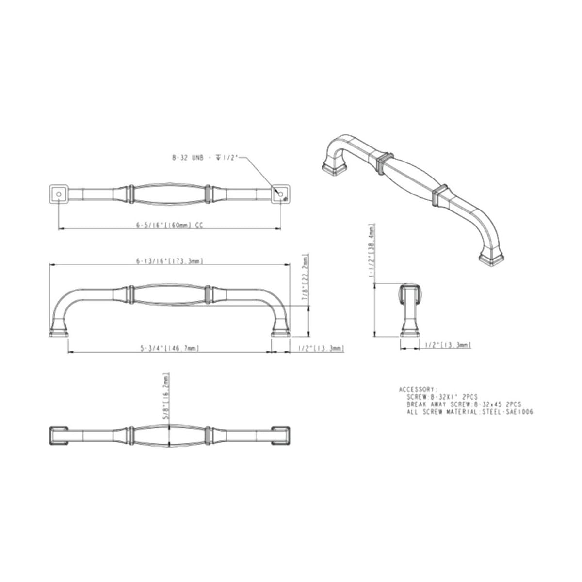 Jeffrey Alexander - 278-160BNBDL - Audrey 6-5/16" Center to Center Elegant Regency Traditional Cabinet Handle / Drawer Pull in Brushed Pewter