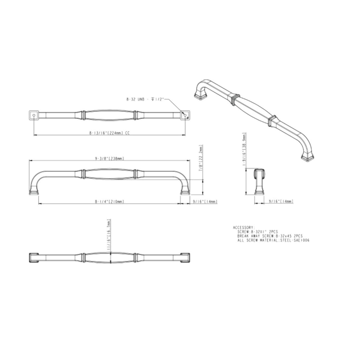 Jeffrey Alexander - 278-224BG - Audrey 8-13/16" Center to Center Regency Glam Traditional Cabinet Handle / Drawer Pull in Brushed Gold