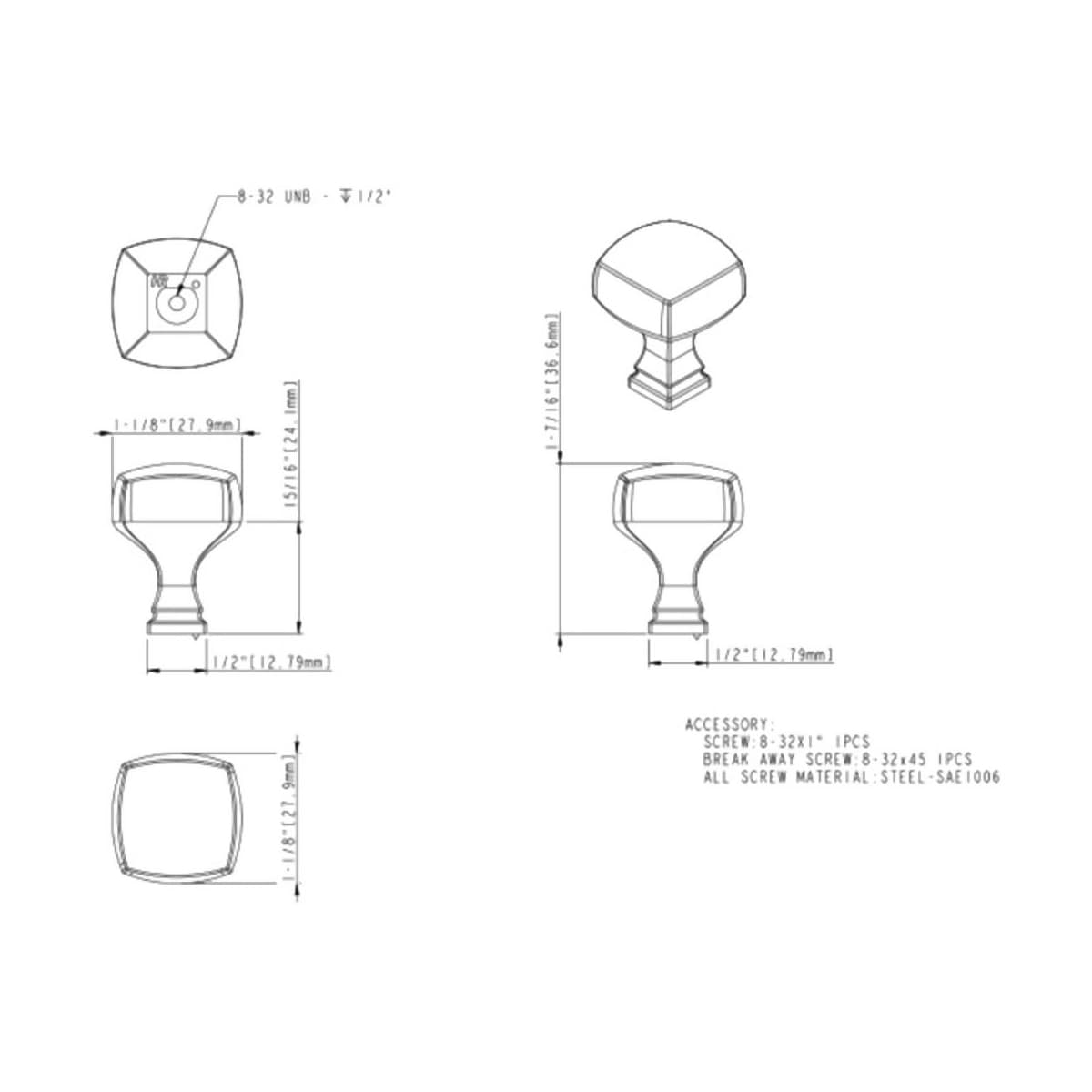 Jeffrey Alexander - 278BG - Audrey 1-1/8" Elegant Soft Square Cabinet Knob / Drawer Knob in Brushed Gold