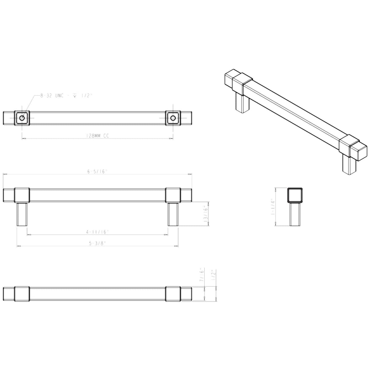 Jeffrey Alexander - 293-128MB - Zane 5-1/16" (128mm) Center to Center Square Bar Modern Industrial Cabinet Handle / Drawer Pull in Matte Black