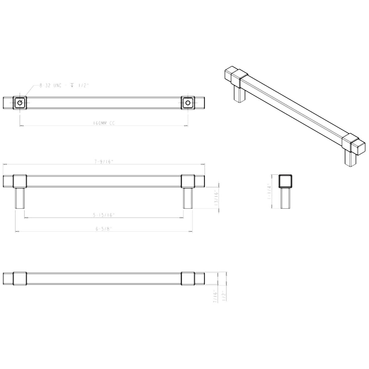 Jeffrey Alexander - 293-160BNBDL - Zane 6-5/16" (160mm) Center to Center Square Bar Cabinet Handle / Drawer Pull in Brushed Pewter